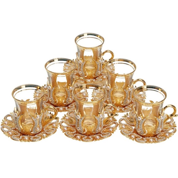 (Set of 6) Turkish Tea Glasses Set with Saucers Holders Spoons with Swa…